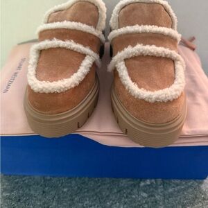 Stuart Weitzman Brown Suede Clogs with Cream Accents